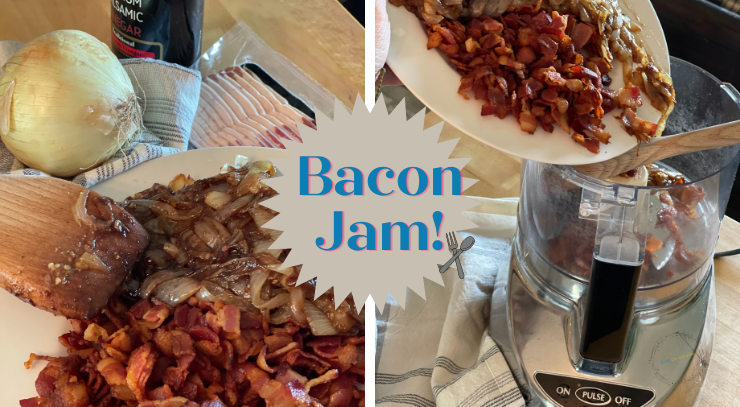 Picture of the ingredients for keto on the rise bacon jam on a plate and the ingredients being poured into a food processor to blend the bacon and onion for the bacon jam for the blog keto on the rise and the post what I've eaten this week on keto and down 90 pounds