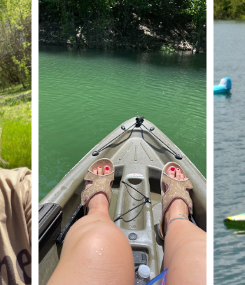 Sara from Keto On the Rise walking outdoors, kayaking at the lake and paddle boarding at the lake for the blog post working out on keto