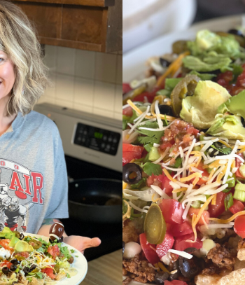 Sara from keto on the rise holding a plate of beef and queso loaded nachos for the blog post beef and queso loaded keto nachos