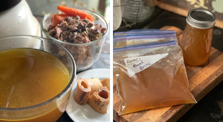 Picture of finished beef bone broth and broth in a jar and bagged for the freezer for the blog post the benefits of bone broth on a keto diet for the blog keto on the rise.